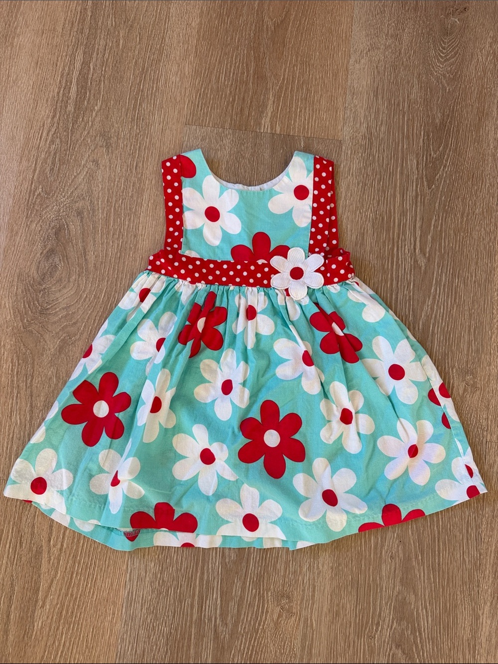 EUC Rare Editions Aqua, Red and White Floral Dress with Polka Dot Trim